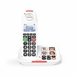 DECT telefoon met scherp contrasterende toetsen en een laadstation met ruimte voor 4 fotos