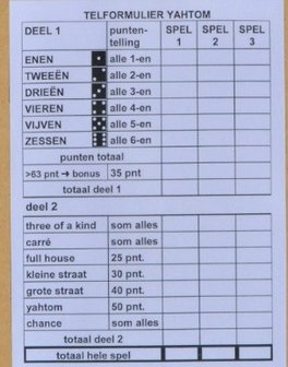 Scoreformulier dobbelen YahTom, grootletter